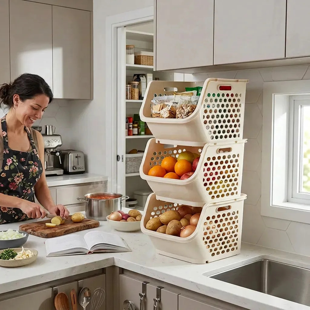 Combo X 3 Canasto Organizador Apilable Dakota Plástico Encastrable Multiuso Beige