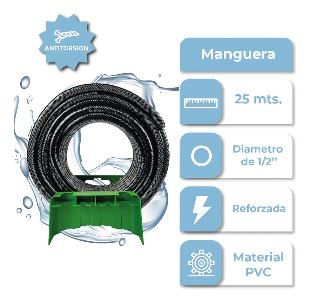 Manguera De Riego 25 Mts. Dakota Flexible 1/2  Diámetro Presión Reforzada Negro