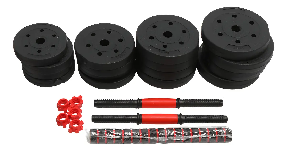 Kit Mancuernas Y Barra + 30 Kg Dakota Discos Pvc Con Tope A Rosca Color Negro/rojo Negra-roja