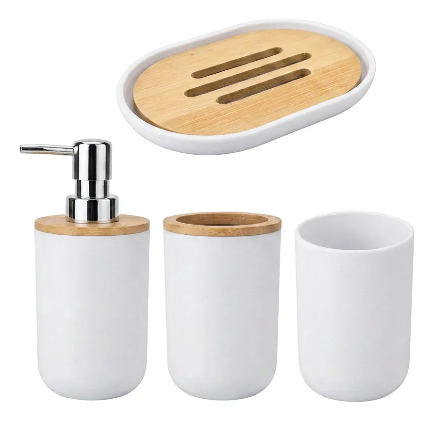 Set Accesorios De Baño Blanco 6 Piezas Con Bambú Cesto De Residuos Dispenser Jabonera Vaso Porta Cepillos Escobilla Moderno Organizador Baño Completo