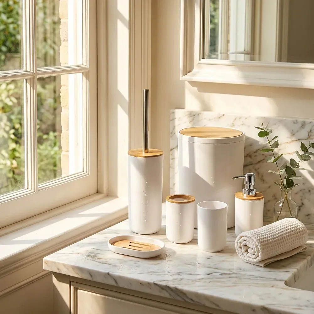 Set Accesorios De Baño Blanco 6 Piezas Con Bambú Cesto De Residuos Dispenser Jabonera Vaso Porta Cepillos Escobilla Moderno Organizador Baño Completo