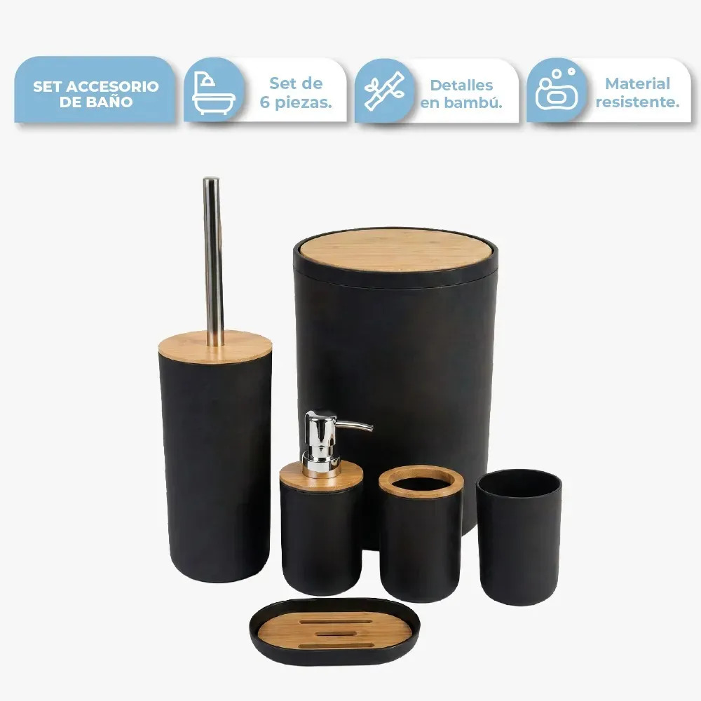 Set Accesorios De Baño Negro 6 Piezas Con Bambú Cesto De Residuos Dispenser Jabonera Vaso Porta Cepillos Escobilla Moderno Organizador Baño Completo