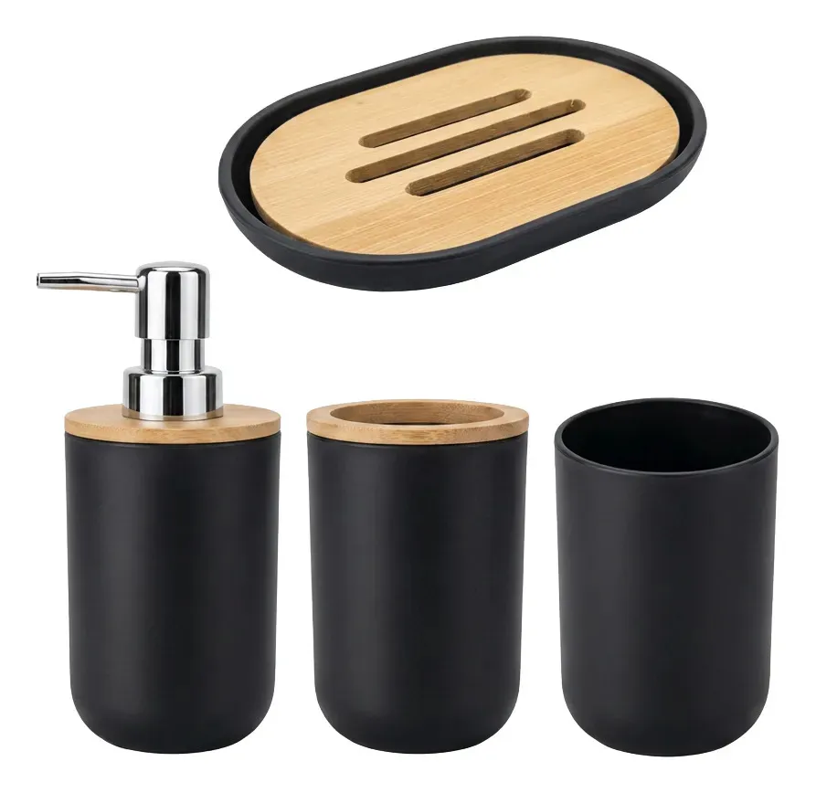 Set Accesorios De Baño Negro 6 Piezas Con Bambú Cesto De Residuos Dispenser Jabonera Vaso Porta Cepillos Escobilla Moderno Organizador Baño Completo