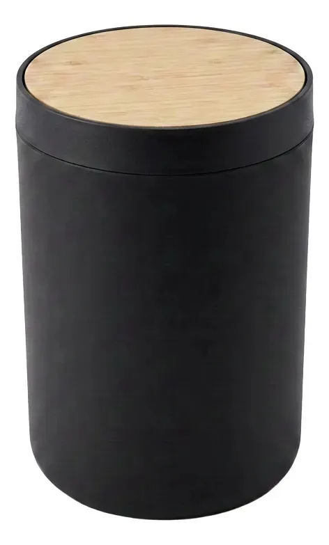 Set Accesorios De Baño Negro 6 Piezas Con Bambú Cesto De Residuos Dispenser Jabonera Vaso Porta Cepillos Escobilla Moderno Organizador Baño Completo
