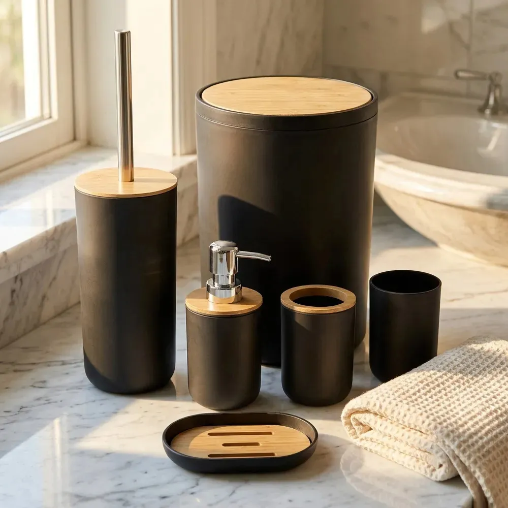 Set Accesorios De Baño Negro 6 Piezas Con Bambú Cesto De Residuos Dispenser Jabonera Vaso Porta Cepillos Escobilla Moderno Organizador Baño Completo