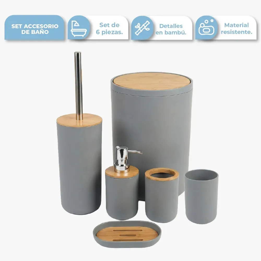 Set Accesorios De Baño 6 Piezas Negro Con Detalles En Bambú Cesto Dispenser Jabonera Vaso Porta Cepillos Porta Hisopos Escobilla Diseño Moderno Gris