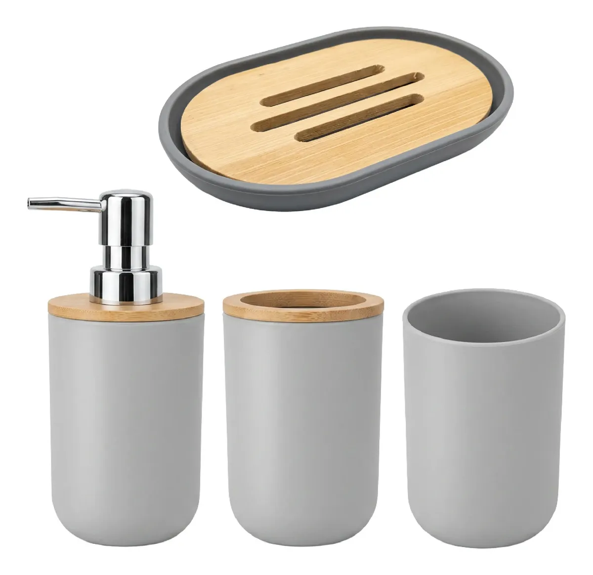 Set Accesorios De Baño 6 Piezas Negro Con Detalles En Bambú Cesto Dispenser Jabonera Vaso Porta Cepillos Porta Hisopos Escobilla Diseño Moderno Gris