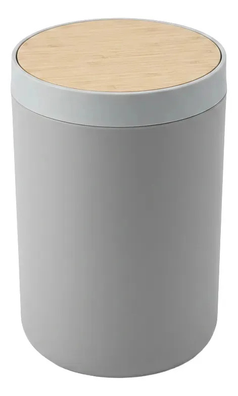 Set Accesorios De Baño 6 Piezas Negro Con Detalles En Bambú Cesto Dispenser Jabonera Vaso Porta Cepillos Porta Hisopos Escobilla Diseño Moderno Gris