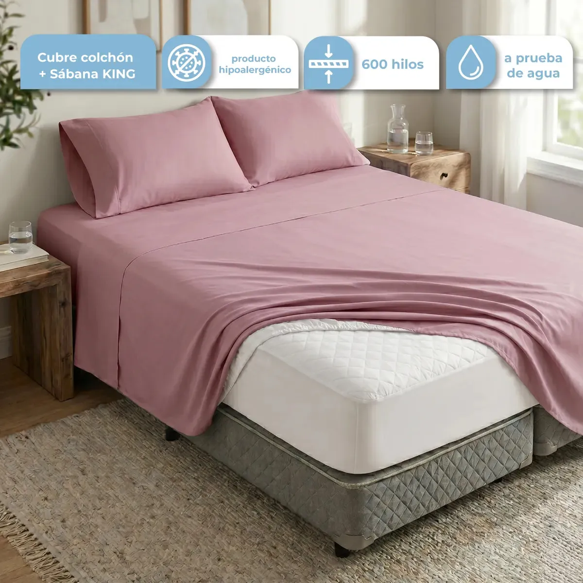 [FCC001 + SABKING001 LILA 0670237615300] Combo Funda Cubre Colchon King + Lila FCC001