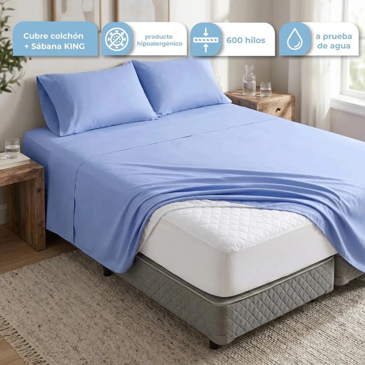 Combo Funda Cubre Colchon King + Sabana King Azul FCC001