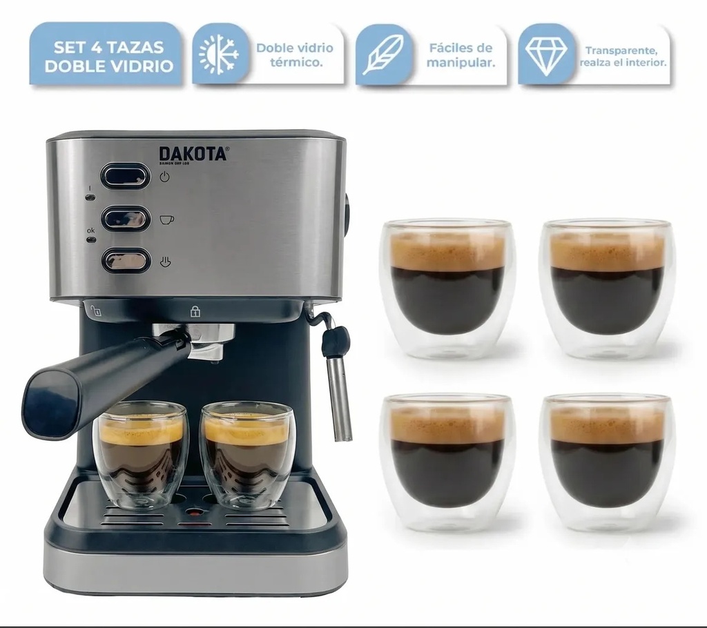 [CAF002 + TAZDV004 0674005995694] COMBO CAF002 3 EN 1 CAFETERA + SET TAZA DOBLE PARED x 4