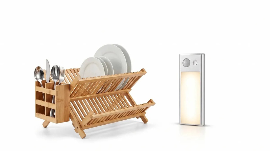 COMBO EP10 ESCURRIDOR PLATOS BAMBOO + BL124 BARRA LED 12 X 4 CM