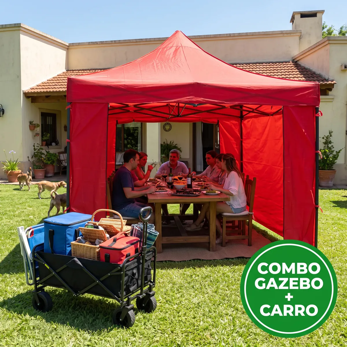 [GZ33P4 ROJO + CAR101] COMBO GZ33P4 GAZEBO 3X3 ROJO + CAR101 - SILLON DOBLE PLEGABLE CON RUEDAS