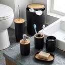 Set Accesorios De Baño Negro 6 Piezas Con Bambú Cesto De Residuos Dispenser Jabonera Vaso Porta Cepillos Escobilla Moderno Organizador Baño Completo
