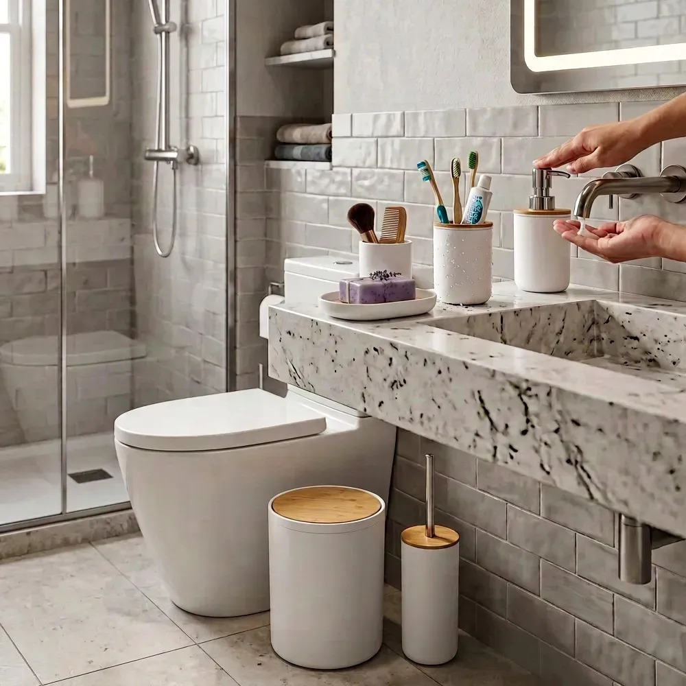 [INN01-10 BLANCO 0674005996356] Set Accesorios De Baño Blanco 6 Piezas Con Bambú Cesto De Residuos Dispenser Jabonera Vaso Porta Cepillos Escobilla Moderno Organizador Baño Completo