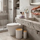 Set Accesorios De Baño Blanco 6 Piezas Con Bambú Cesto De Residuos Dispenser Jabonera Vaso Porta Cepillos Escobilla Moderno Organizador Baño Completo
