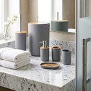 Set Accesorios De Baño 6 Piezas Negro Con Detalles En Bambú Cesto Dispenser Jabonera Vaso Porta Cepillos Porta Hisopos Escobilla Diseño Moderno Gris
