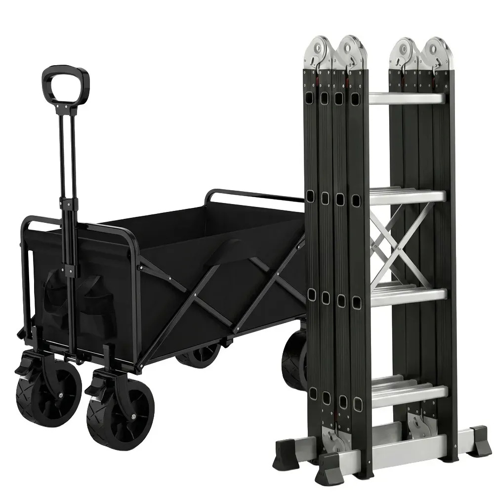 [ESC44 + CAR101] Combo Escalera Articulada Multifunción 4x4 Dakota Aluminio 16 Escalones Plegable 150 Kg + Carrito Plegable Multiuso Dakota 2 En 1 Camping 4 Ruedas Resistente Transporte Carga Negro