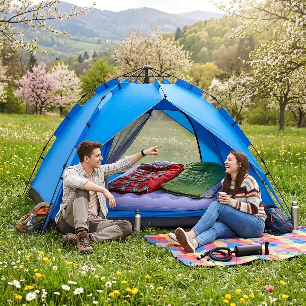 [CA05CT + COLINF002] Kit Camping Dakota Carpa Autoarmable 4 Personas + Colchón Inflable 2 Plazas Con Almohada Incorporada Azul