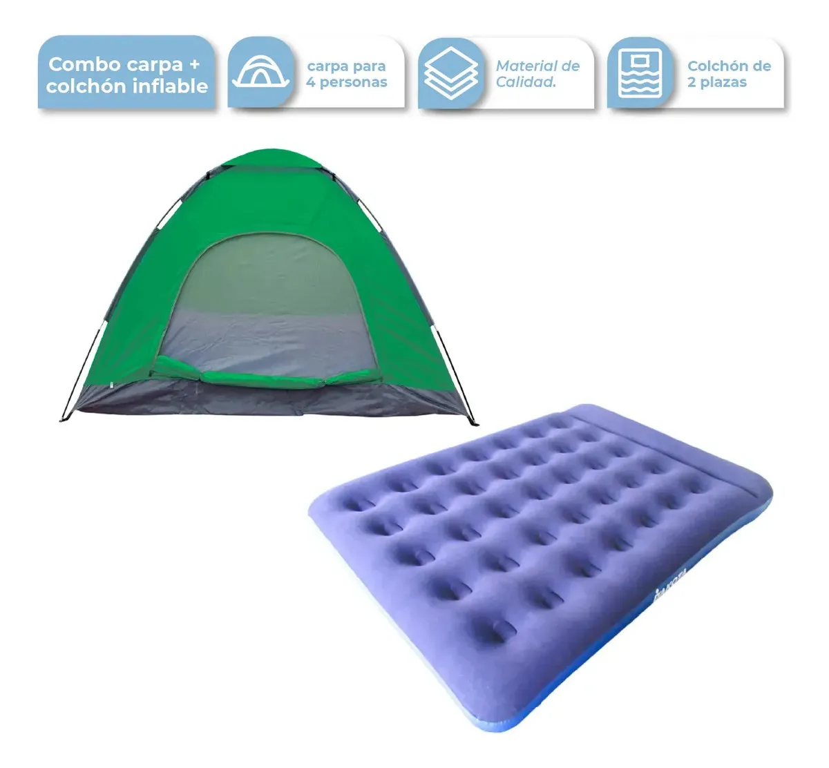 [CA04VERDE+COLINF002 0674005996264] Combo Camping Dakota Carpa 4 Personas Autoarmable 200x200 + Colchon Inflable 2 Plazas Con Almohada Kit Camping Outdoor Verde