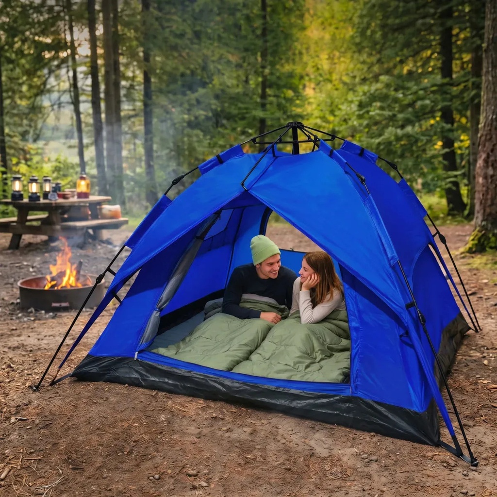 [CA05CT  AZUL + 2X BD01 VERDE] Combo Carpa Camping 4 Personas + 2 Bolsas Dormir Térmica Aca