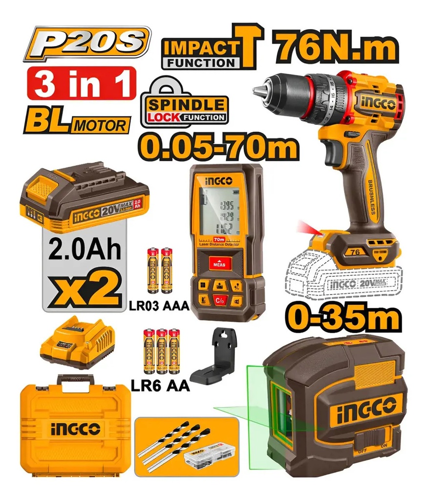 SET Taladro ator percutor CIDLI207681 + Niv laser HLL156601 + Medidor de distancia HLDD0708 + 2 Bat 2AH + 1 Carg 2H + Accesorios
