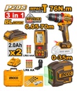 SET Taladro ator percutor CIDLI207681 + Niv laser HLL156601 + Medidor de distancia HLDD0708 + 2 Bat 2AH + 1 Carg 2H + Accesorios