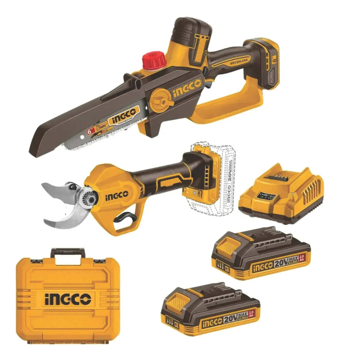 COSLI250795-4 SET MINI MOTOSIERRA 6PLG /150MM CGSLI2066 (P20S) + TIJERA DE PODA CSSLI20308 (P20S) BRUSHLESS + 2 BATERIAS 2AH + 1 CARGADOR 2AH + ACCESORIOS