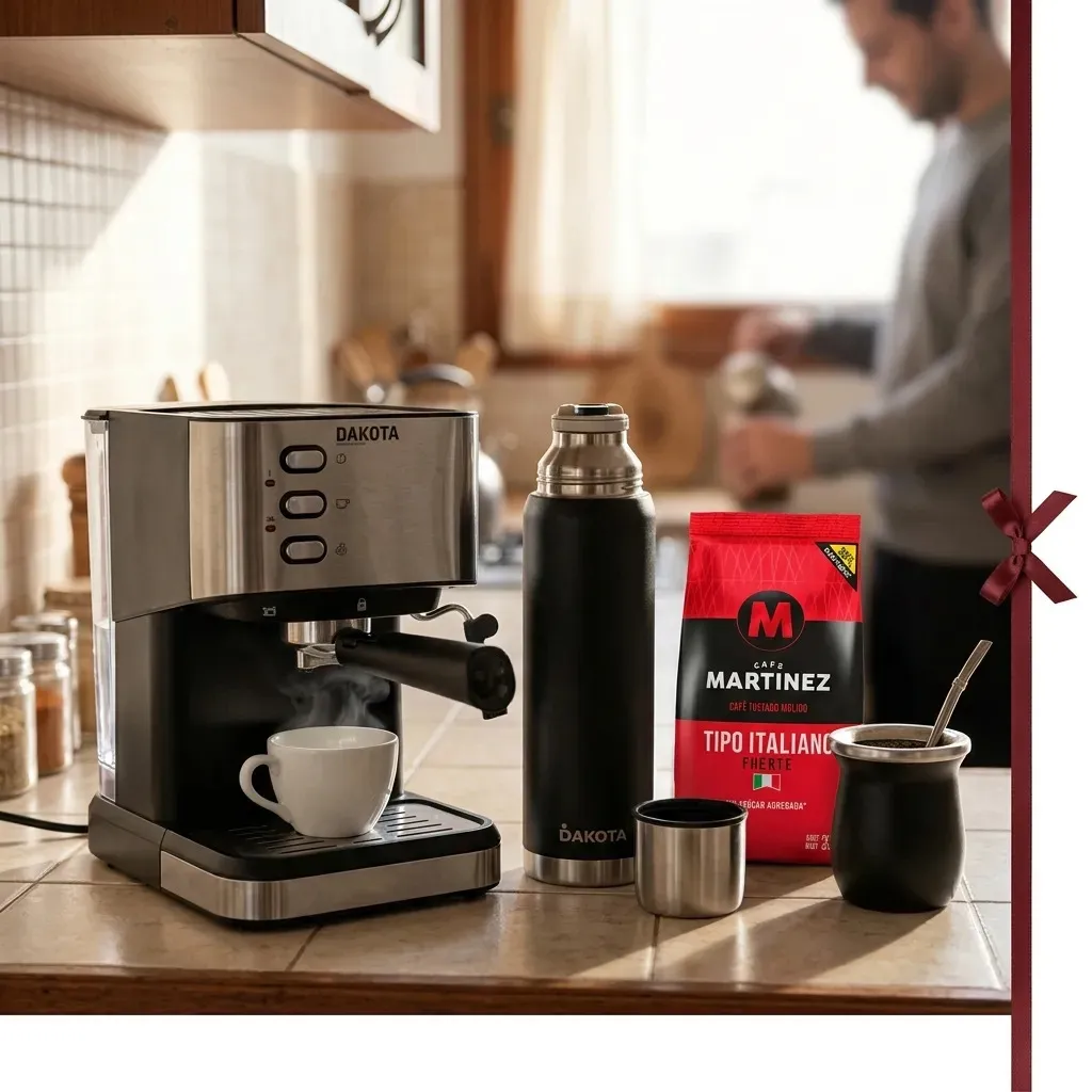 Cafetera Espresso Dakota 2 En 1 20 Bares 1.5L Con Espumador Plateado + Termo 1000ml Acero Inoxidable Negro + Mate Térmico Dakota M250ss Acero Inoxidable Con Bombilla Incluye Cafe Molido  Italiano