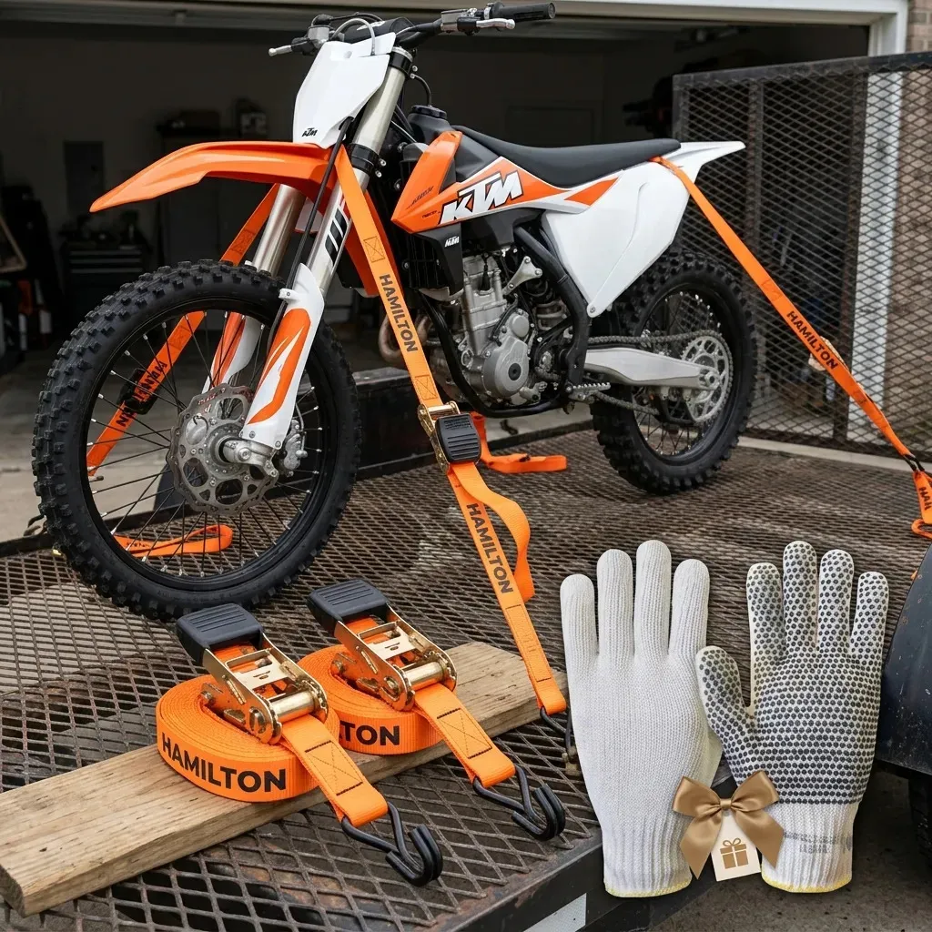 [HTT207 + GUANTEMOT] Set 2 Cintas Amarre Crique 25mm X 5m 350kg Hamilton Htt207 Naranja Ratchet Incluye Guantes Moteados