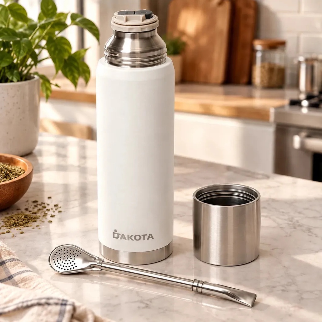 [TZL1000ML BLANCO + BOM INOX] Termo Dakota 1000ml Acero Inoxidable Blanco Botella Térmica Bebidas Incluye Bombilla Acero