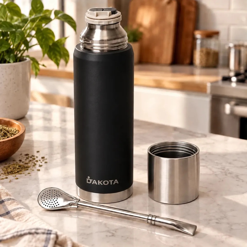 [TZ-L 1000ML NEGRO + BOM INOX] Termo Dakota Acero Inoxidable 1000ml Negro Botella Térmica Para Bebidas Incluye Bombilla Acero