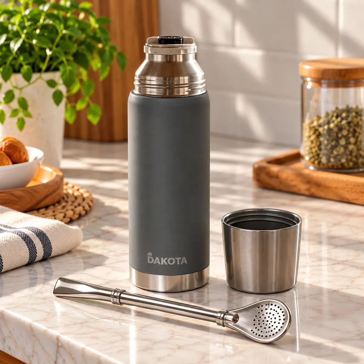 [TZM750ML GRIS + BOM INOX] Termo Dakota 750ml Acero Inoxidable Gris Botella Térmica Bebidas Incluye Bombilla Acero