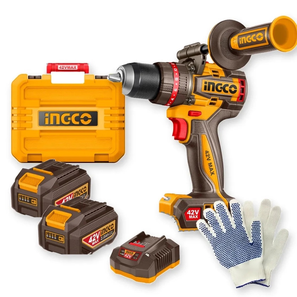 [CIDLI429982-4 + GUANTEMOTPRIM] Taladro Atornillador Percutor Ingco 42V 2 Baterías 2Ah Brushless 99Nm Inalámbrico Amarillo Incluye Guantes Moteados