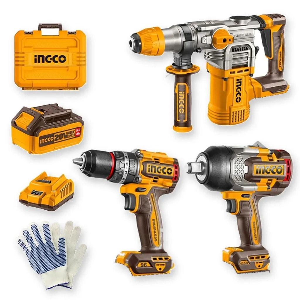 [COSLI250281-4 + GUANTEMOTPRIM] Set Ingco Llave Impacto Rotomartillo Taladro Percutor 20V Brushless 2 Baterías 4Ah Cargador Accesorios Guantes Incluye Guantes Moteados