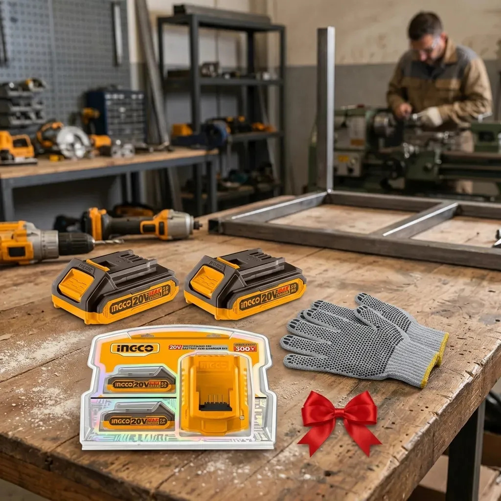 [FBCPK2212-4 + GUANTEMOT] Set X2 Batería Ingco 20V 2Ah + Cargador Herramientas Inalámbricas Incluye Guantes Moteados