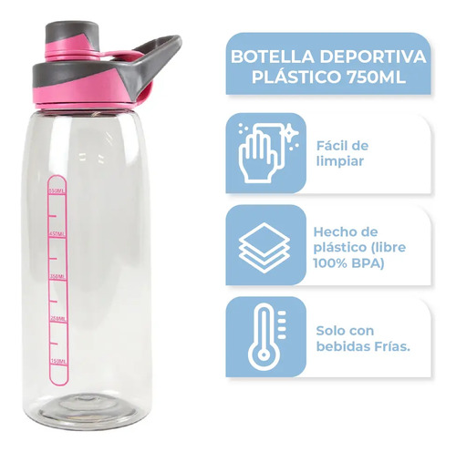 [B600P ROSA - 714604031970] Botella Deportiva 750ml Gris con Rosa B600P