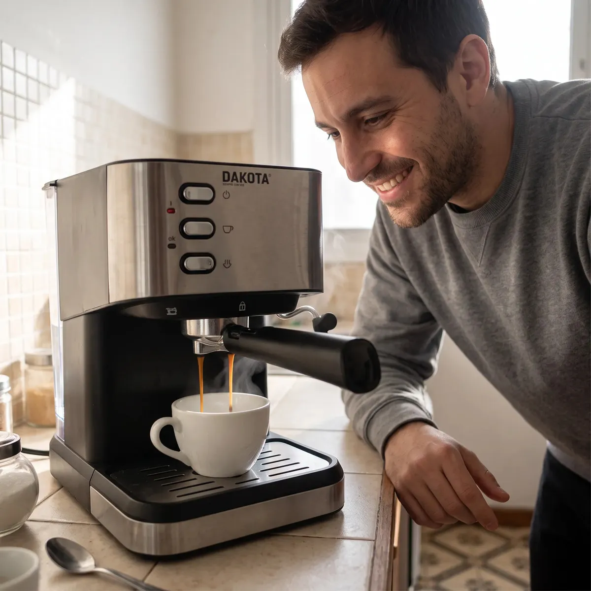 Cafetera Expresso 2 en 1 Dakota con Espumador 20 Bares 1,5l Color Plateado CAF0012EN1