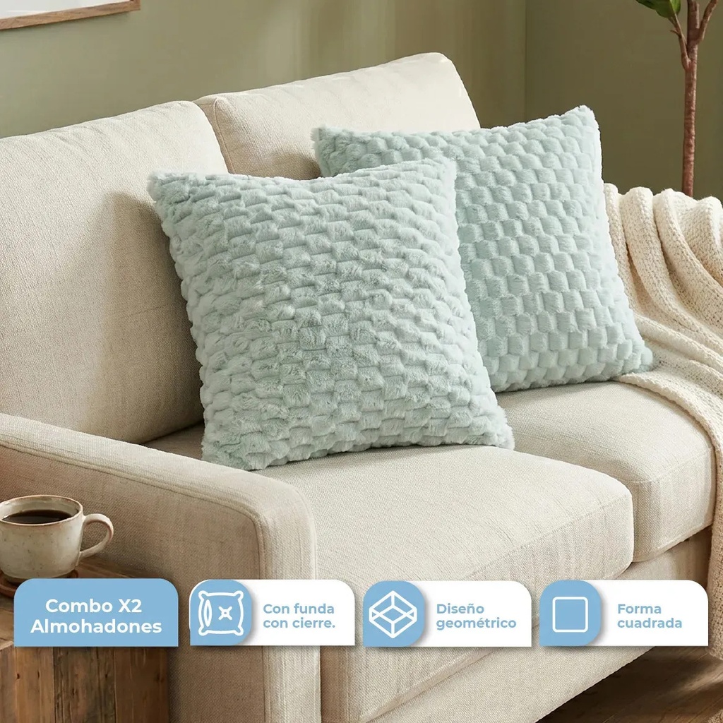 [2XALM-LIV001 VERDE 0727373185904] Combo 2 Almohadones Terciopelo Decorativo Dakota con Cierre Lavable Color Verde ALM-LIV001