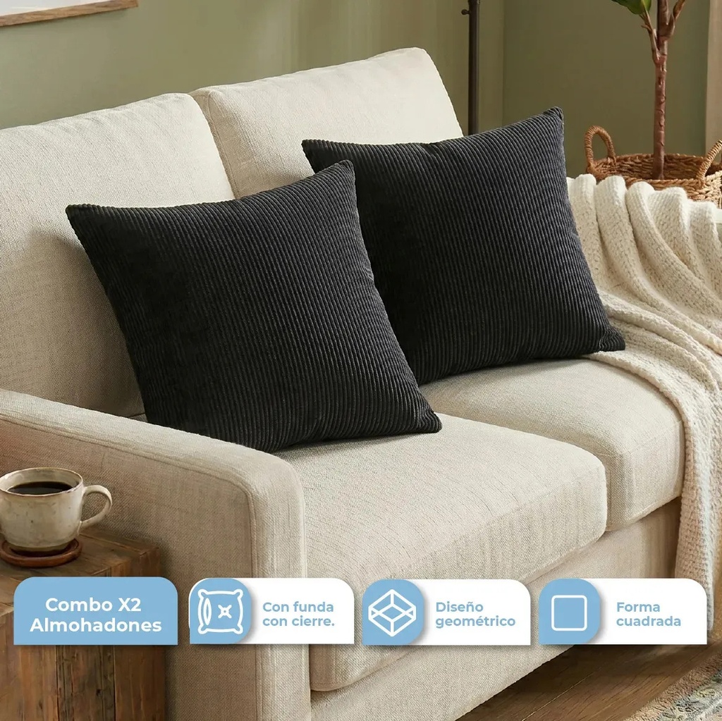 [2XALM-LIV002 NEGRO 0727373185959] Combo 2 Almohadones Decorativos Pana Sintético Dakota con Cierre Lavable 40x40 Gris Oscuro ALM-LIV002