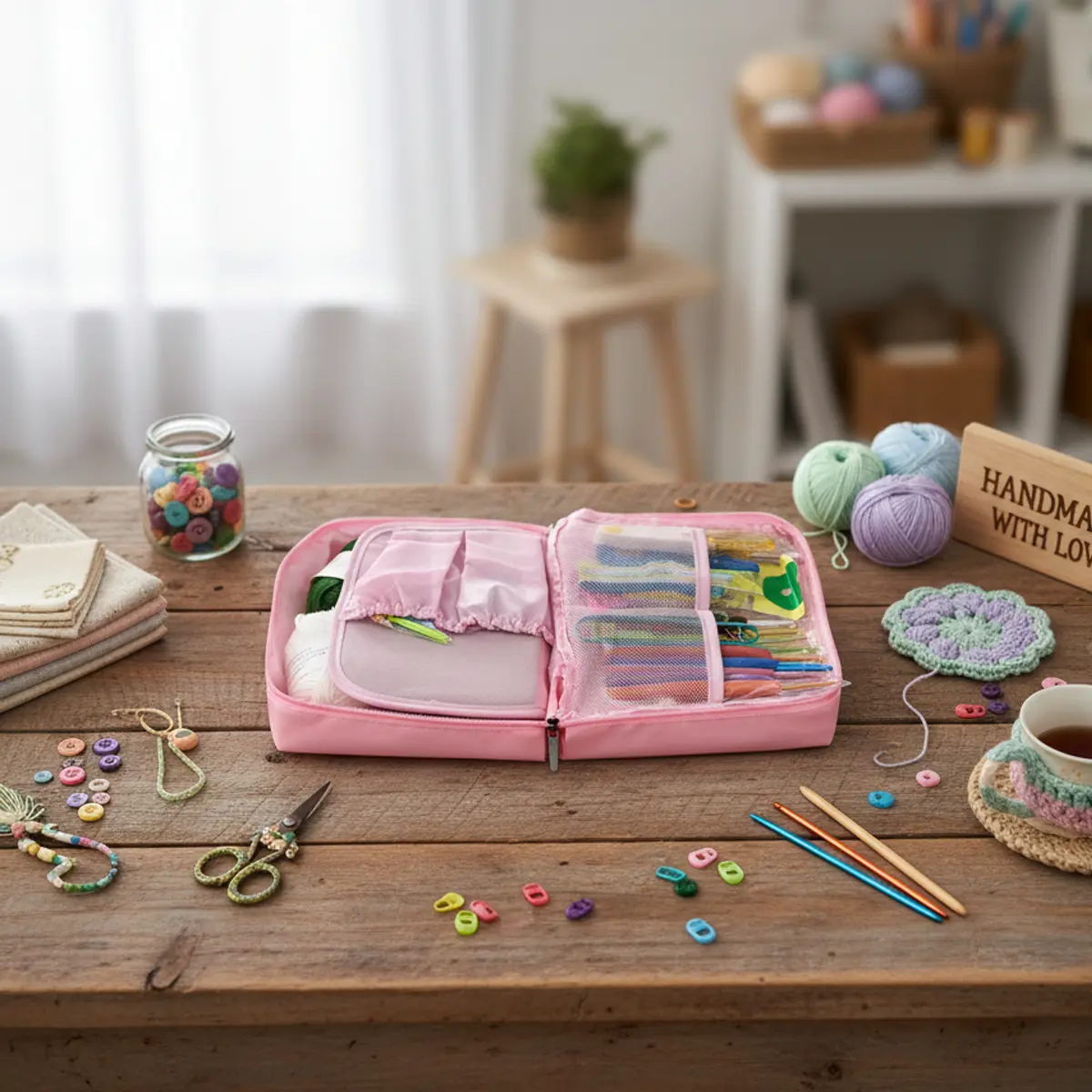 Kit Crochet Completo con Agujas Lanas y Estuche Portátil Rosa COS001