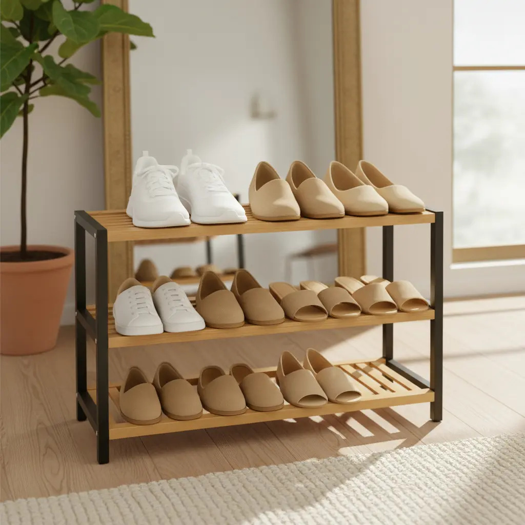 [EST006 - 727373186772] Organizador de Zapatos de Bambú con 3 Estantes para 9 Pares EST006