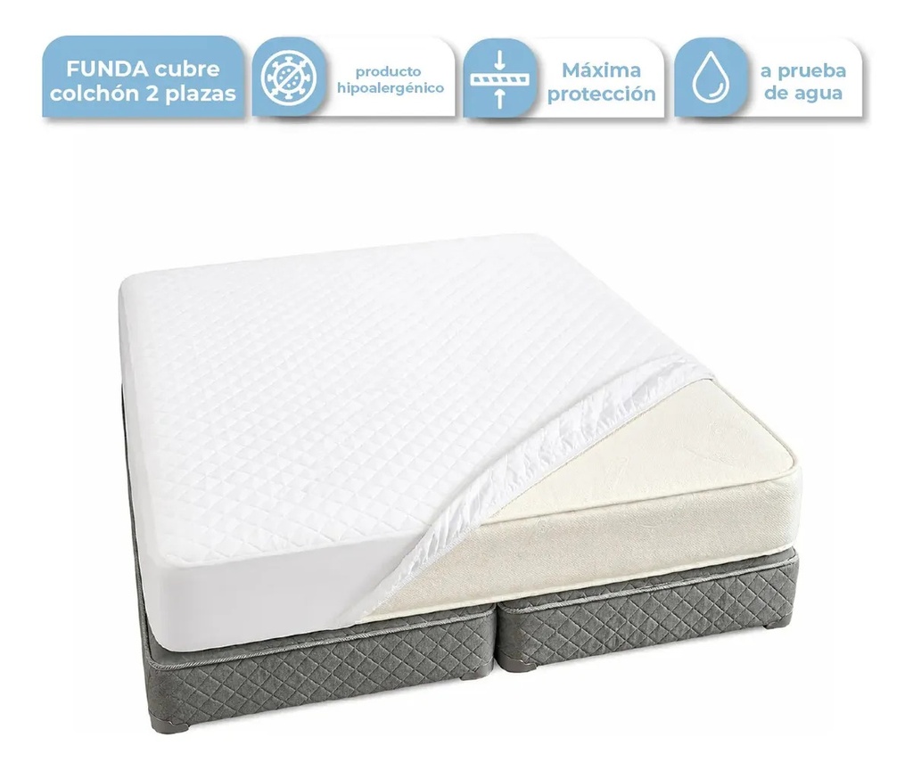 [FCC001 2P 0714604479055] Cubre Colchón Funda Protector Impermeable 2 Plaza Ajustable Blanco FCC001