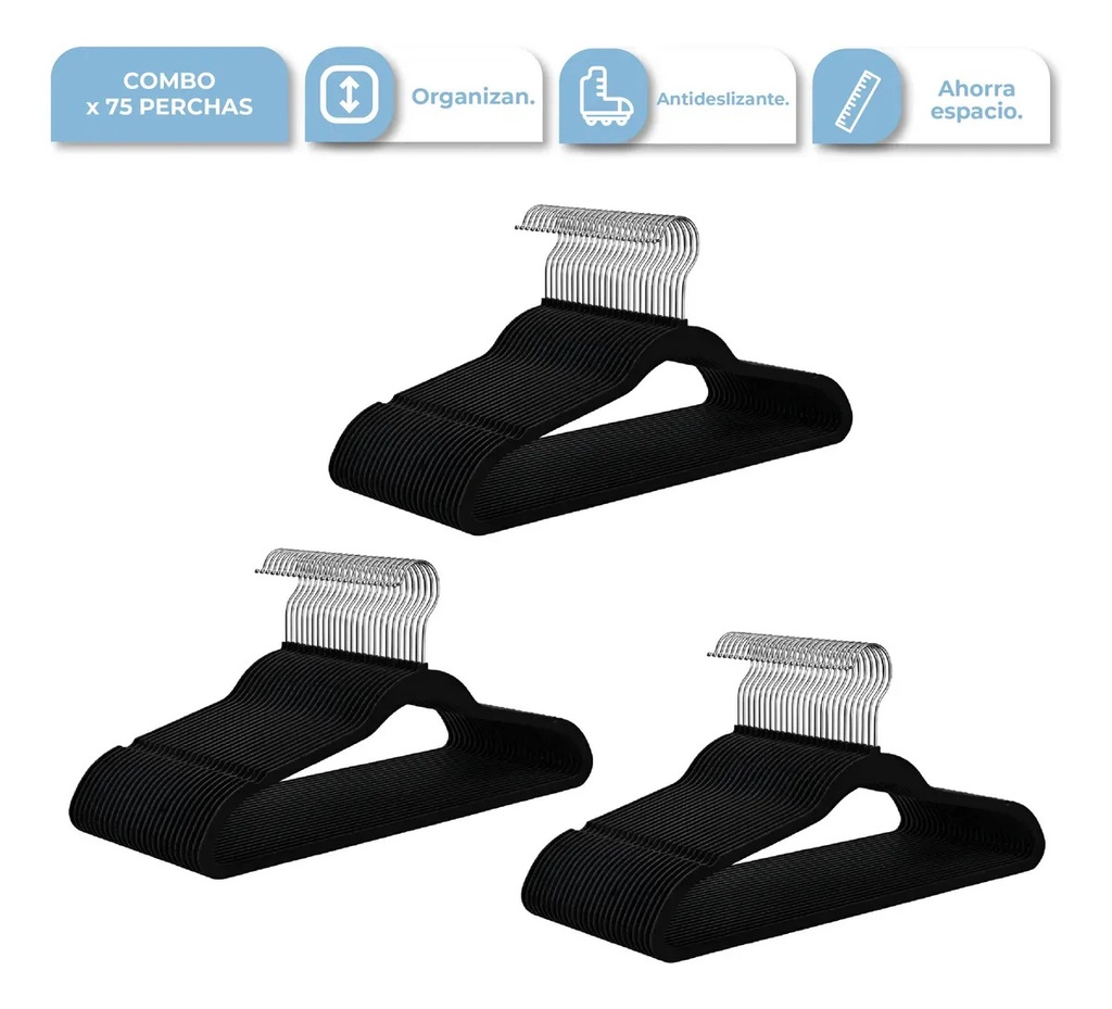 [3X PER001 NEGRA 0714604481331] 3X Set Percha de Terciopelo Negro 25PCS PER001