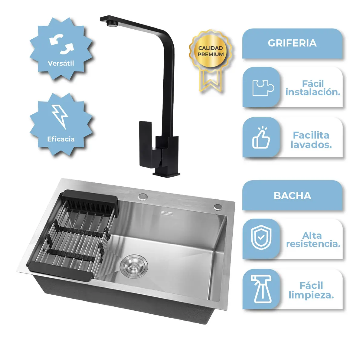 [BACH001 PLATEADA + GRIFCOCPC02 0714604481270] Combo Bacha de Cocina Bach 001 Acero Inox. + Griferia Cocina Monocomando BACH001