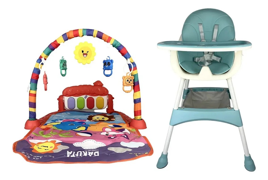 Combo Celeste Silla Alta Bebe Multifunción + Gimnasio Piano BBJUE002
