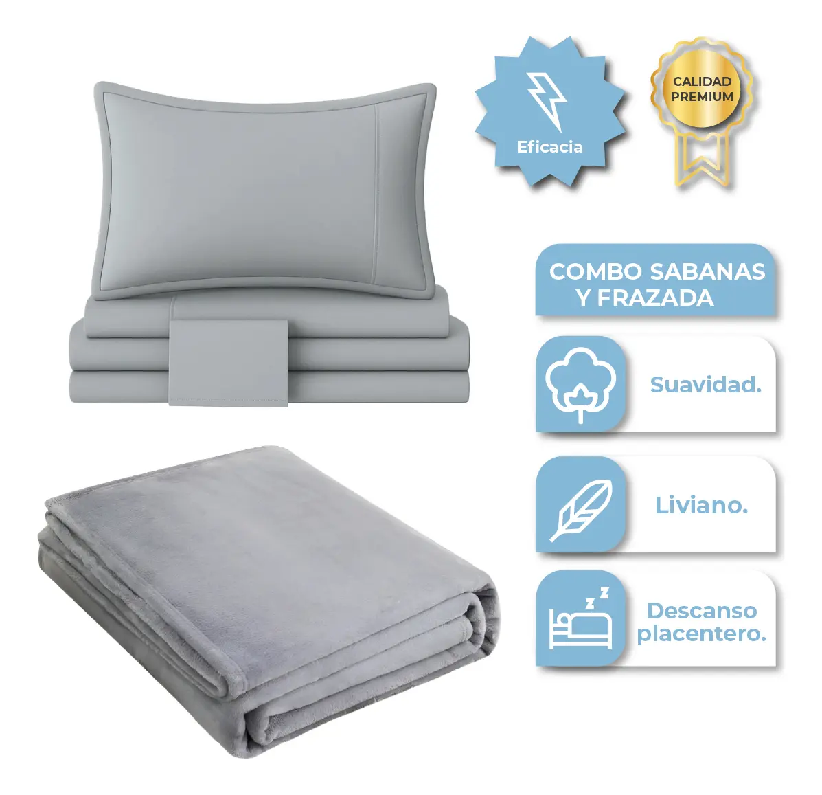Combo Frazada Media Estacion Gris + Sábanas King Gris FRA003