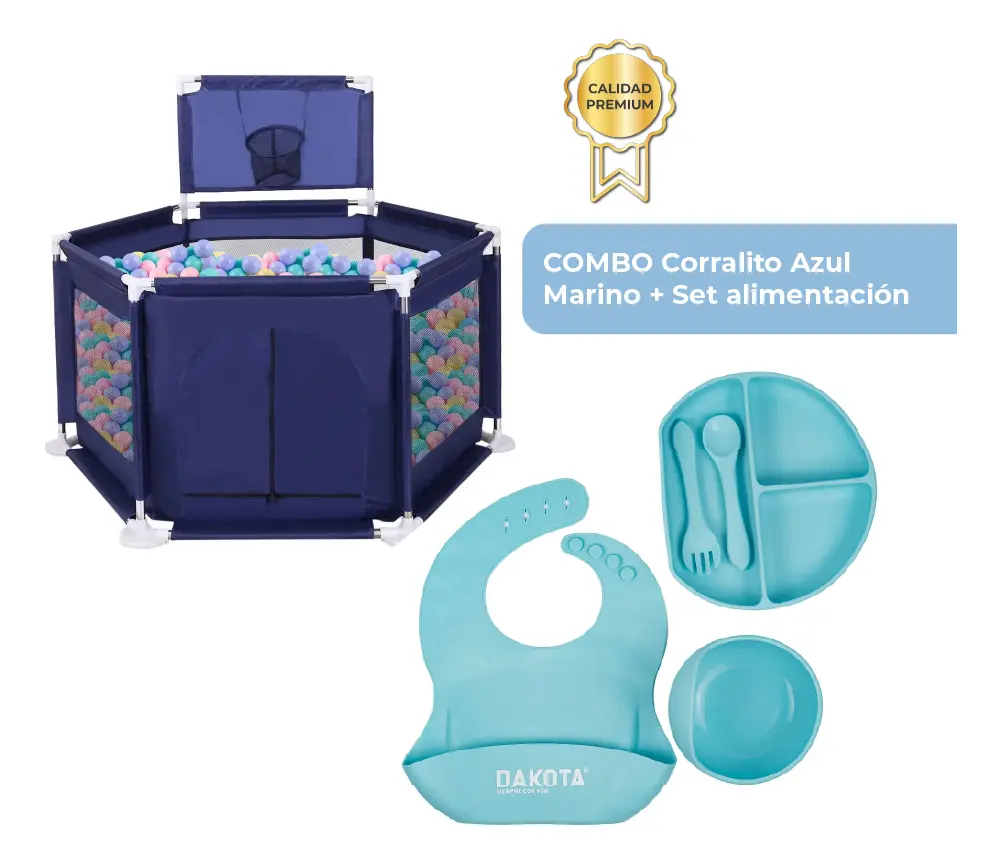Combo Pelotero Hexagonal Azul Marino + Set Vajilla Silicon Celeste BBJUE003