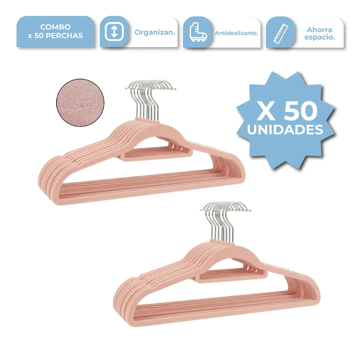 [50X PER001 ROSA 0714604481362] Set Percha de Terciopelo Rosa 50PCS PER001