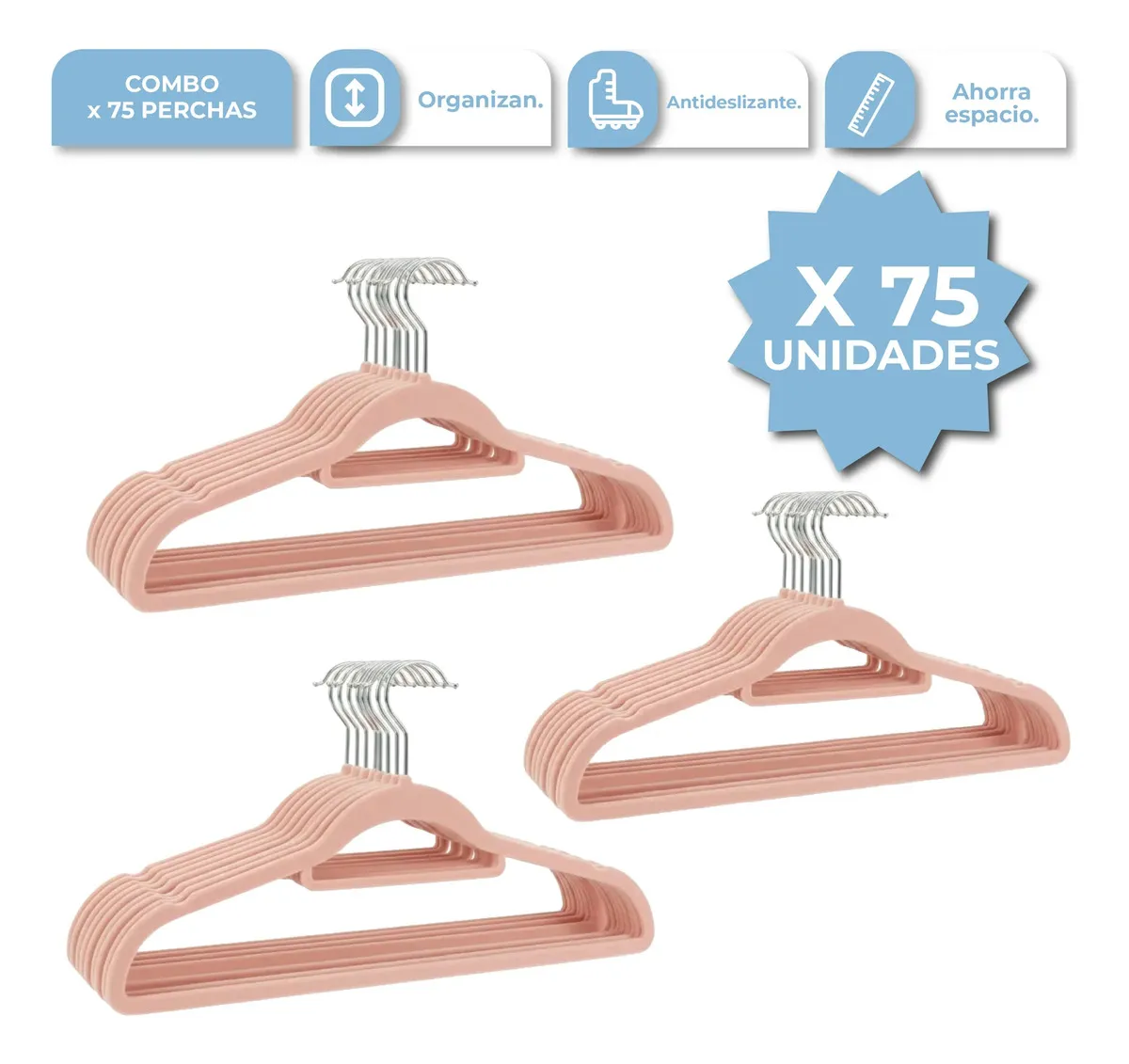 [75X PER001 ROSA 0714604481379] Set Percha de Terciopelo Rosa 75PCS PER001